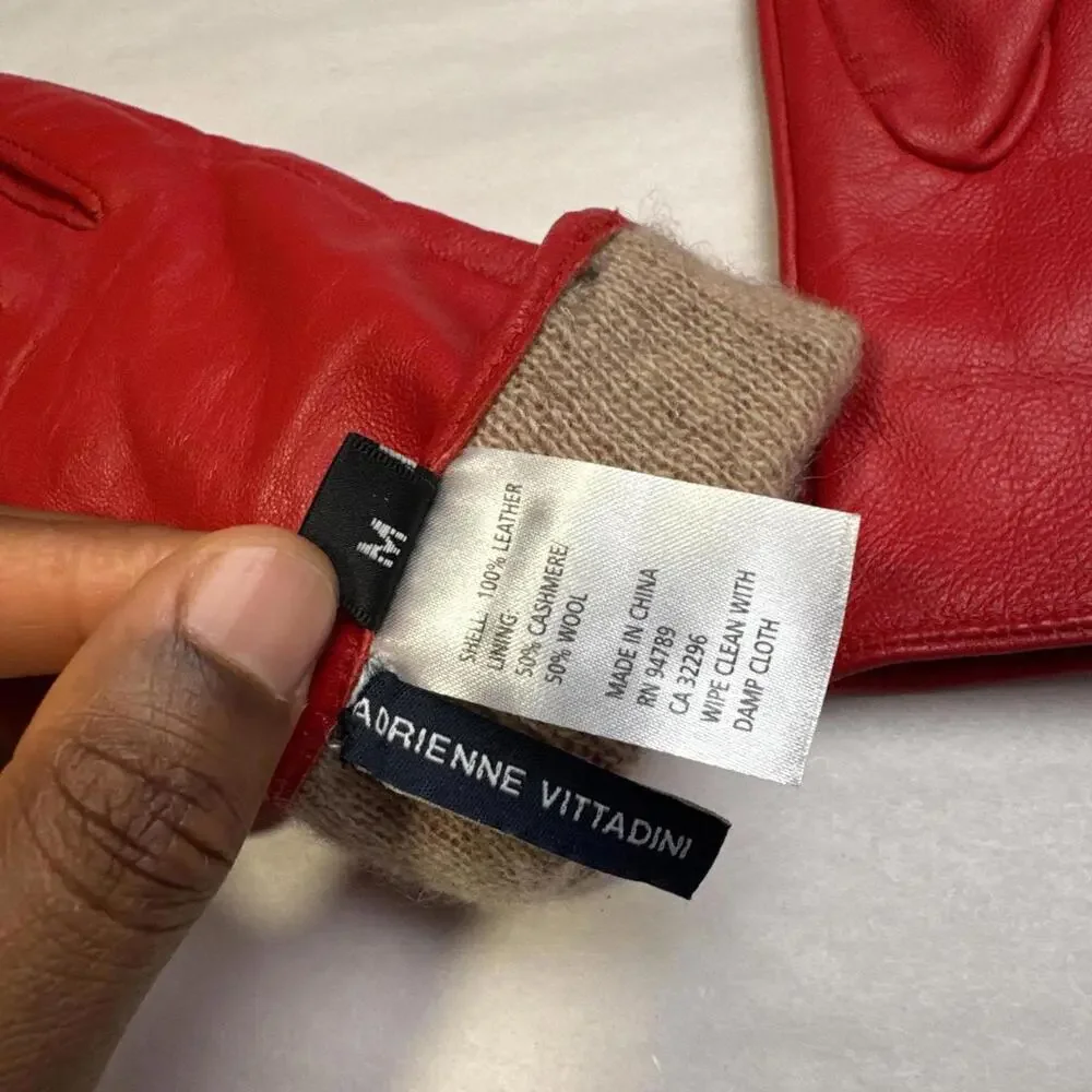 Vintage Adrienne Vittadini Cherry Red Leather Gloves Cashmere‎ Wool Lined size M